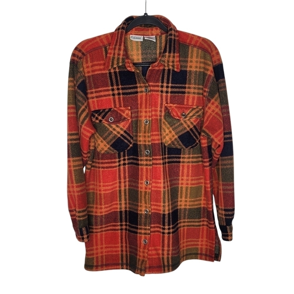 Vintage 90s Capacity Knits Plaid Flannel Button Down Shirt in Orange Green Sz S